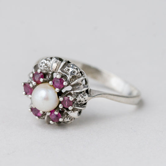 Silber Ring 835 Purpurne Steine Perle Größe 59 (18,8 mm Ø) 2,9 g0