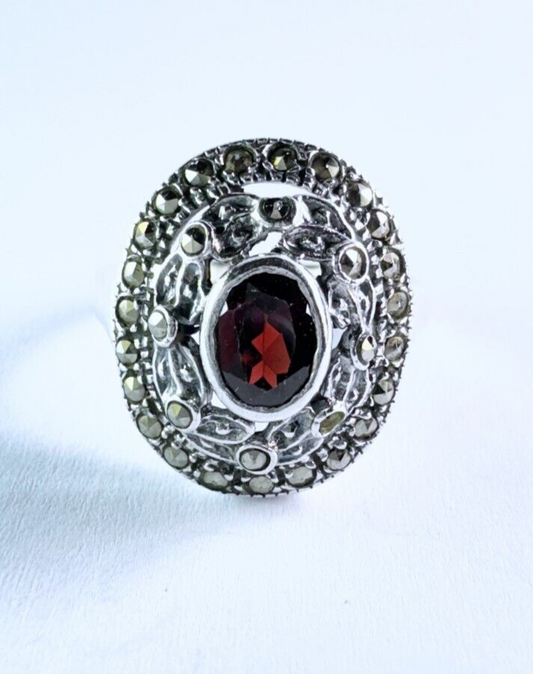 Silberring 925er Sterling Silber Roter Stein Besatz Größe 58 (18,4 mm Ø) 4,53 g0