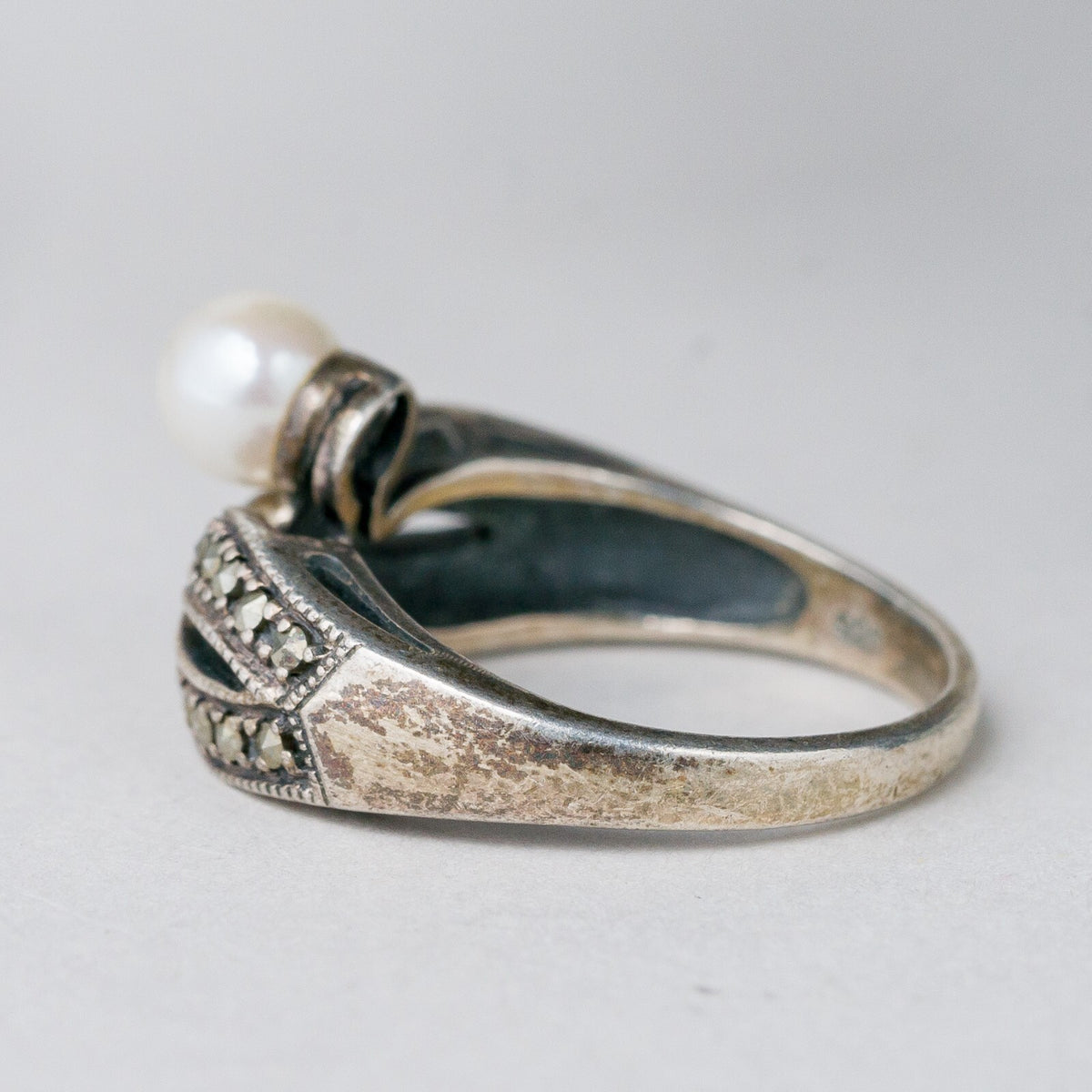 Silber Ring 925 Perle Graue Steine Größe 54 (17,2 mm Ø) 4,54 g5