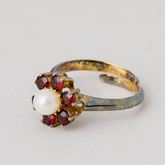 Ring Perle und Granaten 2,96 g 835 Silber vergoldet Größe 55 (17,5 mm Ø)0