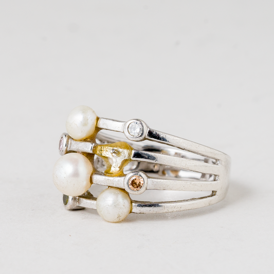 Ring Perlen und Steinbesatz 925er Silber 5,42 g Größe 57 (18,1 mm Ø)0