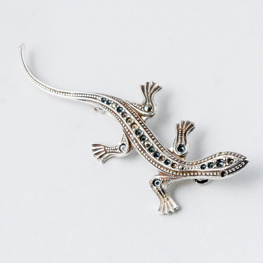 Silber Brosche 835 Reptil Graue Steine 6,2 cm 4,14 g0