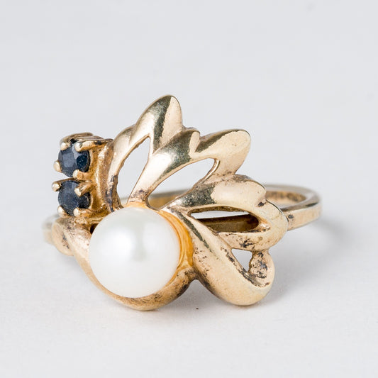 Silber Ring 835 vergoldet Perle und Schwarze Steine Größe flexibel ca. 60 4,37 g0