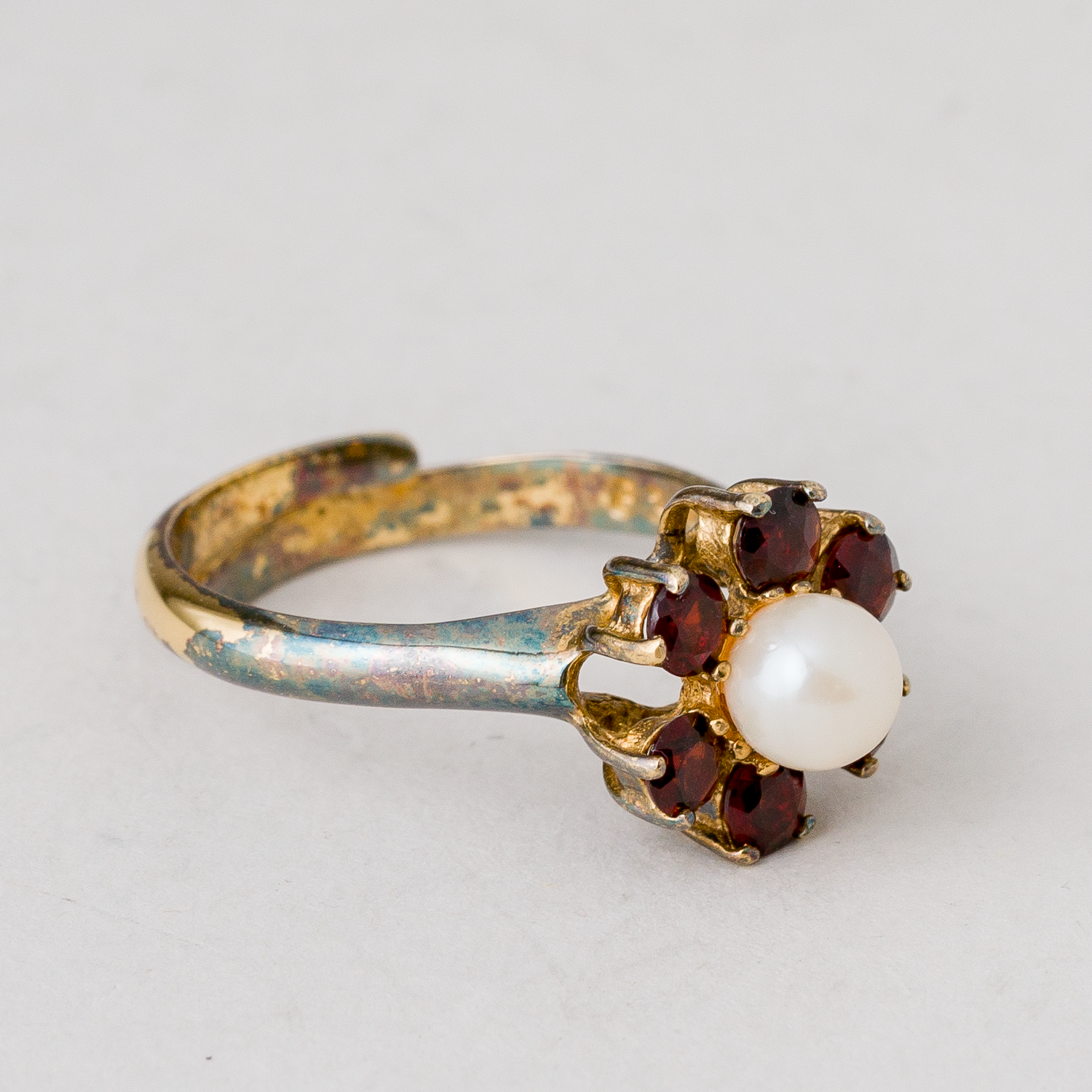 Ring Perle und Granaten 2,96 g 835 Silber vergoldet Größe 55 (17,5 mm Ø)1
