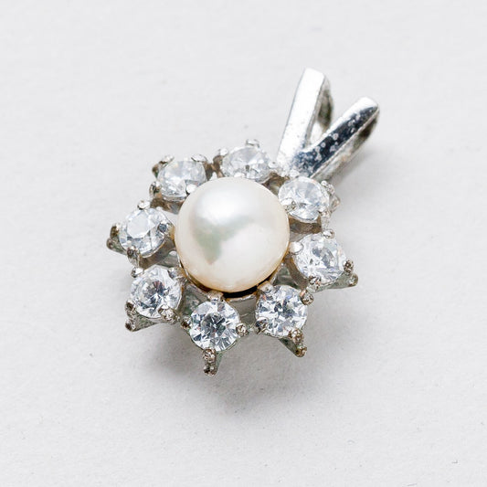 Anhänger 835 Silber Perle Weiße Steine 1,6 cm 1,54 g0