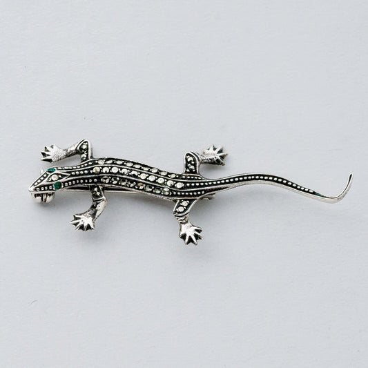 Silber Brosche Spange 835 Reptil Grau und Grüne Steine 3,37 g0