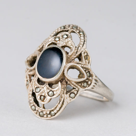 Ring Schwarzer Stein 6,08 g 925er Silber Größe 57 (18,1 mm Ø)0