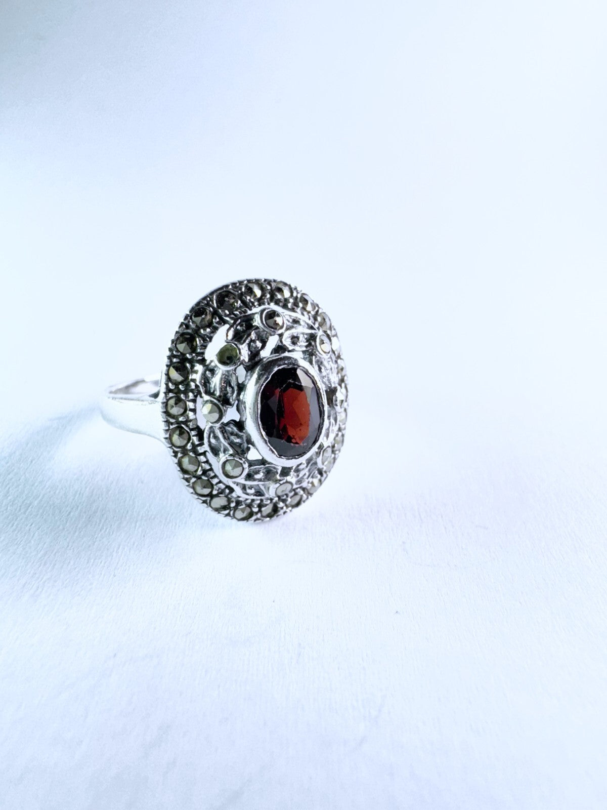Silberring 925er Sterling Silber Roter Stein Besatz Größe 58 (18,4 mm Ø) 4,53 g7