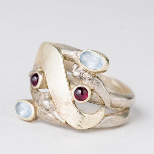 Ring Rote und Blaue Steine 6,97 g 925er Silber Größe 55 (17,5 mm Ø)0