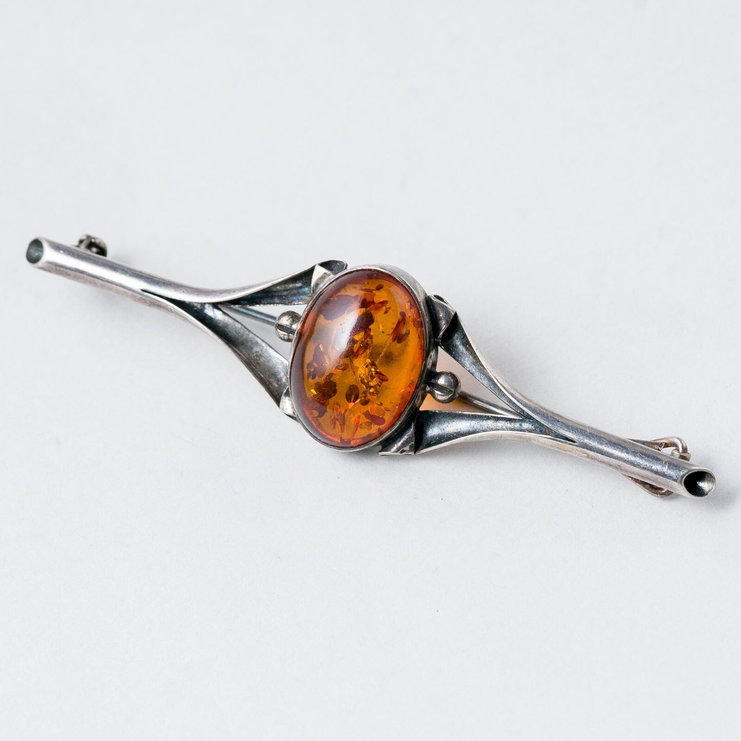 Silber Brosche 925 Bernstein Imitat 7,4 cm 6,05 g0