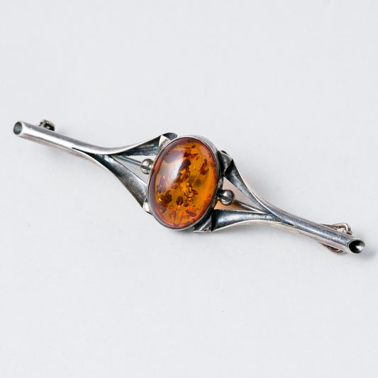 Silber Brosche 925 Bernstein Imitat 7,4 cm 6,05 g0